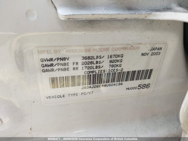 Продаж на аукціоні авто 2004 Mitsubishi Lancer Es, vin: JA3AJ26E44U604194, номер лоту: 40086471