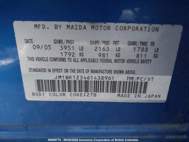 Продажа на аукционе авто 2006 Mazda Mazda3 Gt, vin: JM1BK123461438961, номер лота: 40089774