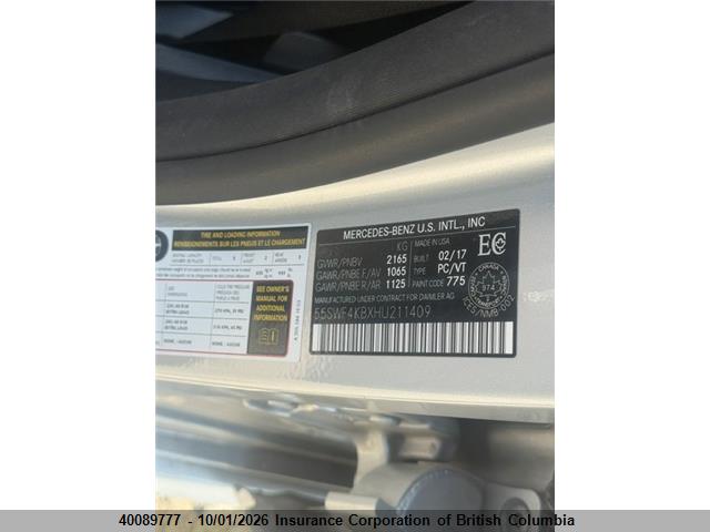 Aukcja sprzedaży 2017 Mercedes-benz C 300 4mati, vin: 55SWF4KBXHU211409, numer aukcji: 40089777