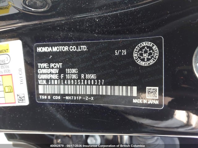 40082879 :رقم المزاد ، JHMFL4H93SX800327 vin ، 2025 Honda Civic Sport Touring مزاد بيع
