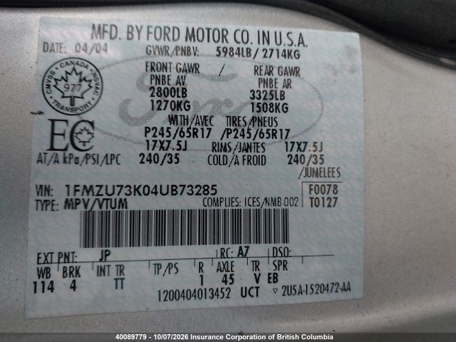 Продаж на аукціоні авто 2004 Ford Explorer Xlt/xlt Sport/nbx, vin: 1FMZU73K04UB73285, номер лоту: 40089779