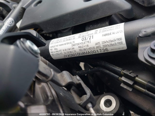 2021 Yamaha Xtz690 მანქანა იყიდება აუქციონზე, vin: JYADM10N4MA001736, აუქციონის ნომერი: 40089782