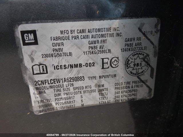 Aukcja sprzedaży 2010 Chevrolet Equinox Ls, vin: 2CNFLCEW1A6290883, numer aukcji: 40084799