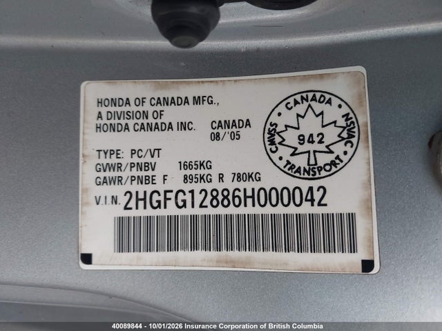 40089844 :رقم المزاد ، 2HGFG12886H000042 vin ، 2006 Honda Civic مزاد بيع