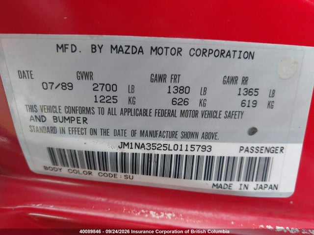 1990 Mazda Mx-5 Miata მანქანა იყიდება აუქციონზე, vin: JM1NA3525L0115793, აუქციონის ნომერი: 40089846