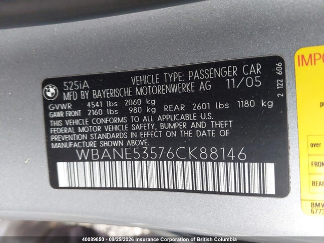 Aukcja sprzedaży 2006 Bmw 525i, vin: WBANE53576CK88146, numer aukcji: 40089850