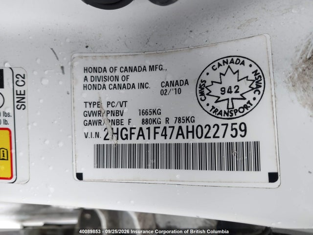 Aukcja sprzedaży 2010 Honda Civic, vin: 2HGFA1F47AH022759, numer aukcji: 40089853