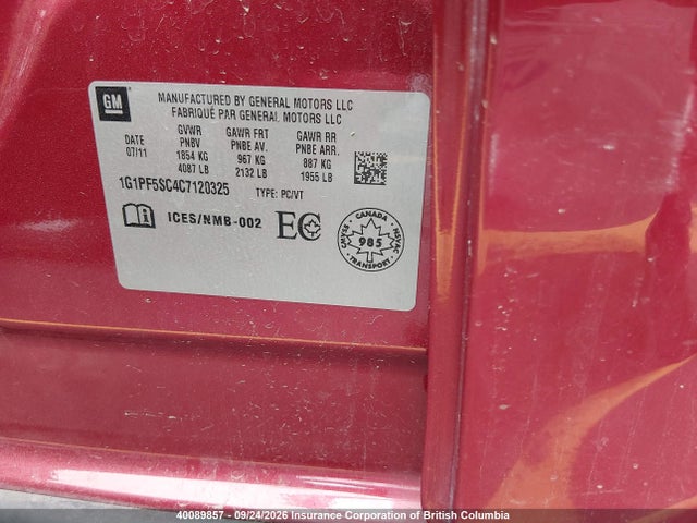 Auction sale of the 2012 Chevrolet Cruze, vin: 1G1PF5SC4C7120325, lot number: 40089857