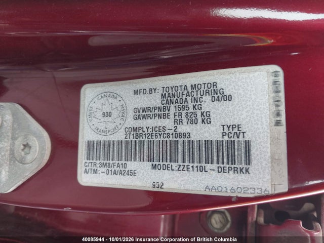 40085944 :رقم المزاد ، 2T1BR12E6YC810893 vin ، 2000 Toyota Corolla Ve/ce/le مزاد بيع
