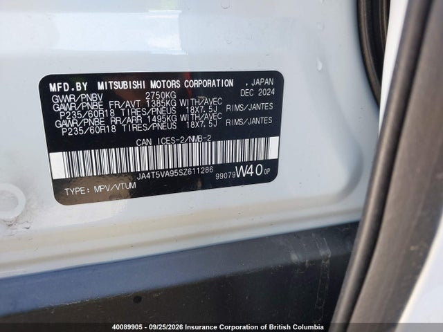40089905 :رقم المزاد ، JA4T5VA95SZ611286 vin ، 2025 Mitsubishi Outlander Phev Le S-awc/se S-awc/sel S-awc مزاد بيع