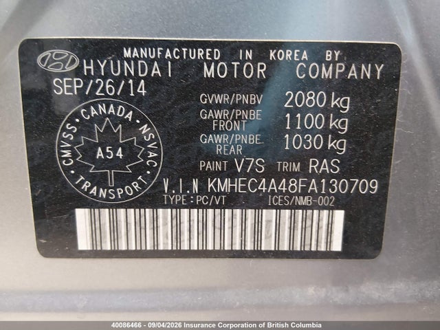 40086466 :رقم المزاد ، KMHEC4A48FA130709 vin ، 2015 Hyundai Sonata Hybrid Limited مزاد بيع