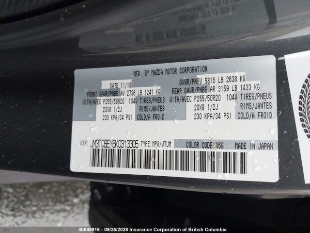 Aukcja sprzedaży 2019 Mazda Cx-9, vin: JM3TCBEY6K0313305, numer aukcji: 40089916