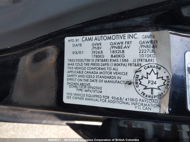 2001 Chevrolet Tracker მანქანა იყიდება აუქციონზე, vin: 2CNBJ13C816942562, აუქციონის ნომერი: 40089917
