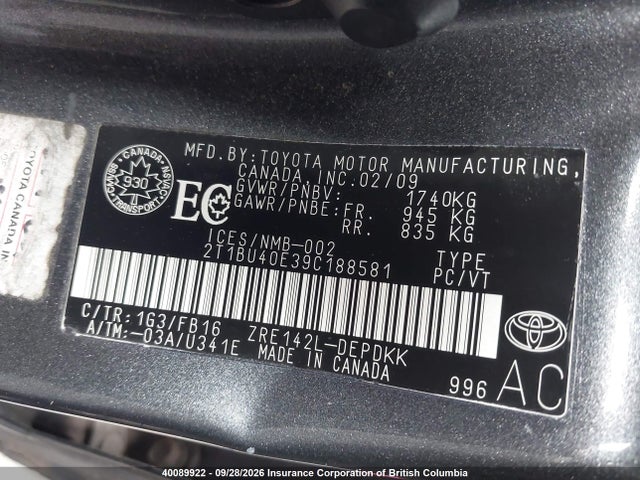 40089922 :رقم المزاد ، 2T1BU40E39C188581 vin ، 2009 Toyota Corolla S/le/xle مزاد بيع