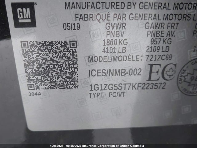 Продаж на аукціоні авто 2019 Chevrolet Malibu Rs, vin: 1G1ZG5ST7KF223572, номер лоту: 40089927