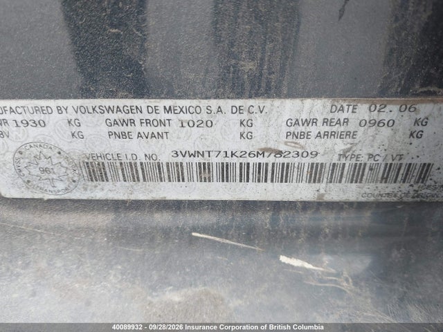 Auction sale of the 2006 Volkswagen Jetta, vin: 3VWNT71K26M782309, lot number: 40089932