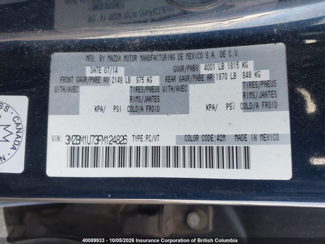 40089933 :رقم المزاد ، 3MZBM1U73FM124826 vin ، 2015 Mazda Mazda3 Gx مزاد بيع