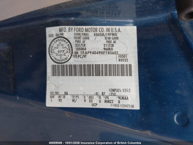 Продаж на аукціоні авто 1999 Ford Mustang, vin: 1FAFP4049XF185601, номер лоту: 40089949