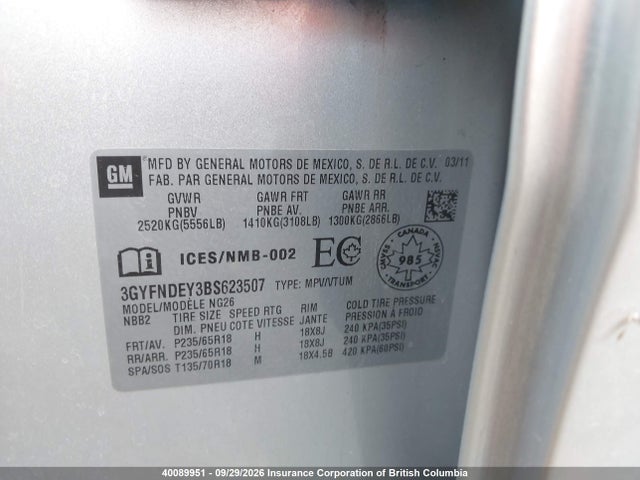 Aukcja sprzedaży 2011 Cadillac Srx, vin: 3GYFNDEY3BS623507, numer aukcji: 40089951