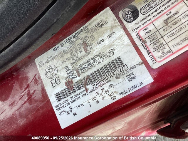 40089956 :رقم المزاد ، 3FAHP0HA5CR252221 vin ، 2012 Ford Fusion Se مزاد بيع