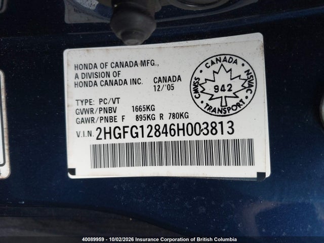 40089959 :رقم المزاد ، 2HGFG12846H003813 vin ، 2006 Honda Civic مزاد بيع