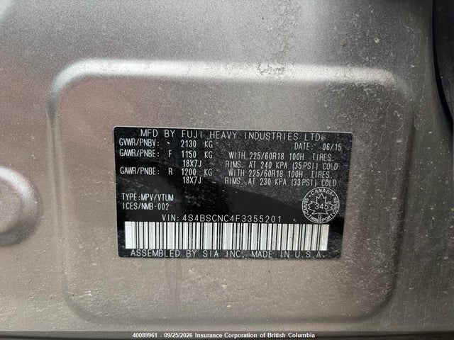 40089961 :رقم المزاد ، 4S4BSCNC4F3355201 vin ، 2015 Subaru Outback 2.5i Limited مزاد بيع
