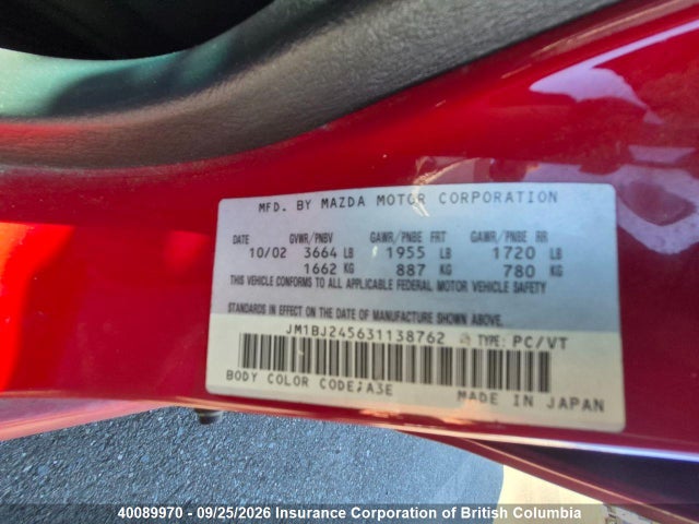 Aukcja sprzedaży 2003 Mazda Protege Pr5, vin: JM1BJ245631138762, numer aukcji: 40089970
