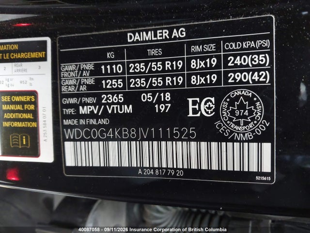 40087058 :رقم المزاد ، WDC0G4KB8JV111525 vin ، 2018 Mercedes-benz Glc 300 4matic مزاد بيع