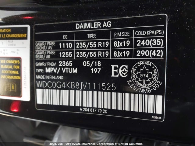 40087058 :رقم المزاد ، WDC0G4KB8JV111525 vin ، 2018 Mercedes-benz Glc 300 4matic مزاد بيع