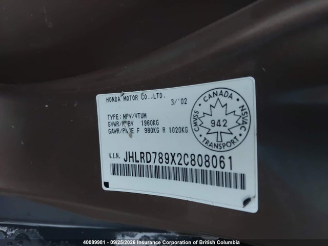 40089981 :رقم المزاد ، JHLRD789X2C808061 vin ، 2002 Honda Cr-v مزاد بيع