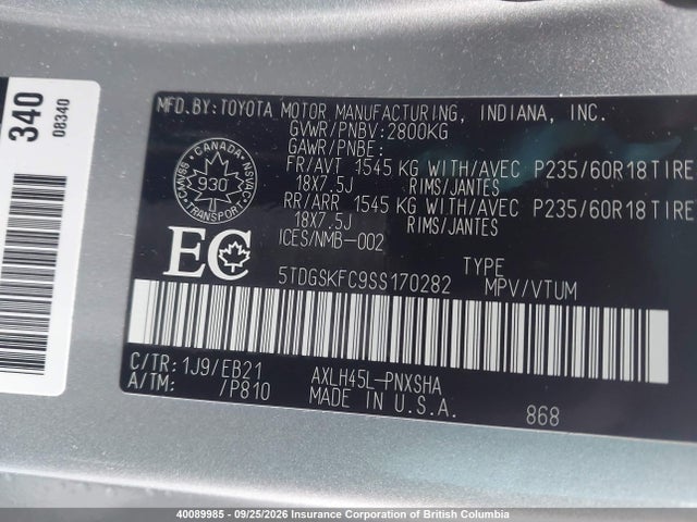 2025 Toyota Sienna Le/xse/limited/platinum მანქანა იყიდება აუქციონზე, vin: 5TDGSKFC9SS170282, აუქციონის ნომერი: 40089985