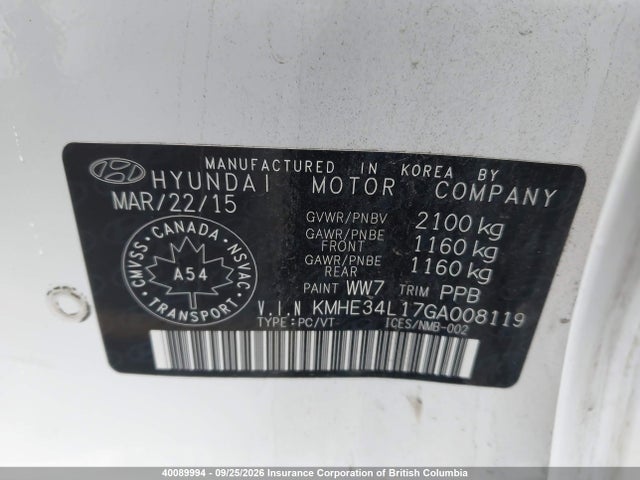 Aukcja sprzedaży 2016 Hyundai Sonata Hybrid Limited, vin: KMHE34L17GA008119, numer aukcji: 40089994