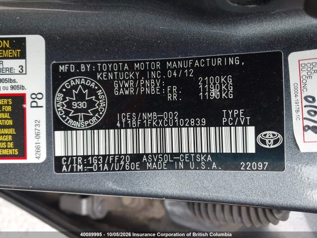 40089995 :رقم المزاد ، 4T1BF1FKXCU102839 vin ، 2012 Toyota Camry مزاد بيع