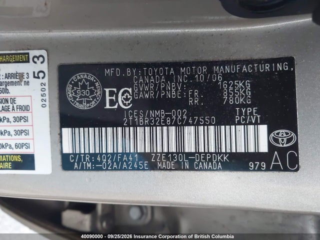 40090000 :رقم المزاد ، 2T1BR32E87C747550 vin ، 2007 Toyota Corolla Ce/le/s مزاد بيع