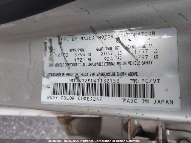 40090005 :رقم المزاد ، JM1BK12F041132153 vin ، 2004 Mazda 3 I مزاد بيع