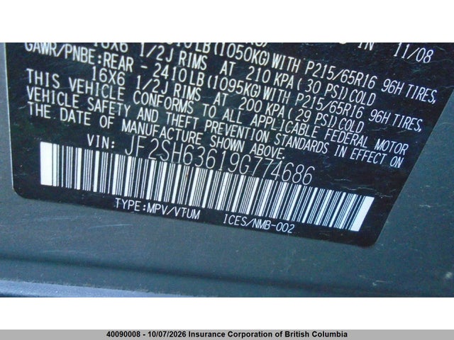 40090008 :رقم المزاد ، JF2SH63619G774686 vin ، 2009 Subaru Forester 2.5x Premium مزاد بيع