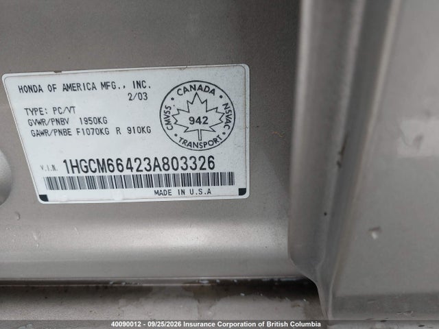 Продаж на аукціоні авто 2003 Honda Accord Ex, vin: 1HGCM66423A803326, номер лоту: 40090012
