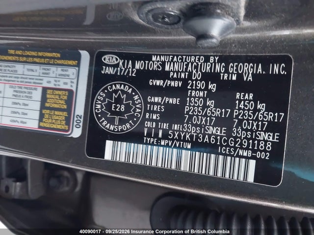 Продажа на аукционе авто 2012 Kia Sorento Lx, vin: 5XYKT3A61CG291188, номер лота: 40090017