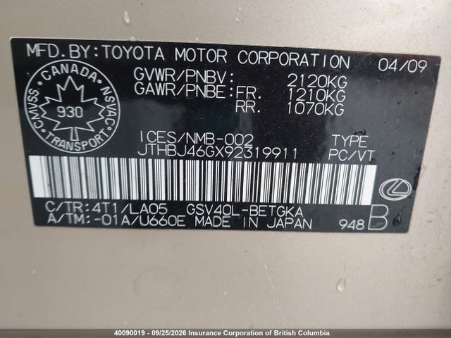 40090019 :رقم المزاد ، JTHBJ46GX92319911 vin ، 2009 Lexus Es350 مزاد بيع