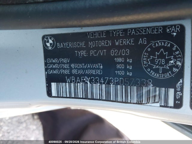 Aukcja sprzedaży 2003 Bmw 325i, vin: WBAEV33473PD57338, numer aukcji: 40090025