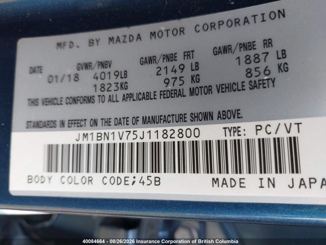 Продаж на аукціоні авто 2018 Mazda 3 Gs, vin: JM1BN1V75J1182800, номер лоту: 40084664