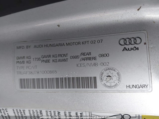 Продажа на аукционе авто 2008 Audi Tt, vin: TRUAF38J781000865, номер лота: 40090050