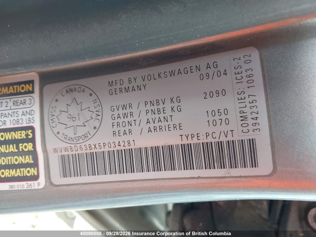 40090058 :رقم المزاد ، WVWBD63BX5P034281 vin ، 2005 Volkswagen Passat Gls 4motion مزاد بيع