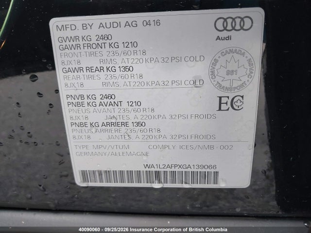 Aukcja sprzedaży 2016 Audi Q5, vin: WA1L2AFPXGA139066, numer aukcji: 40090060