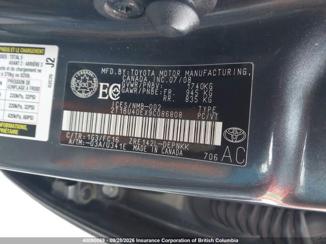 Aukcja sprzedaży 2009 Toyota Corolla S/le/xle, vin: 2T1BU40EX9C086808, numer aukcji: 40090069