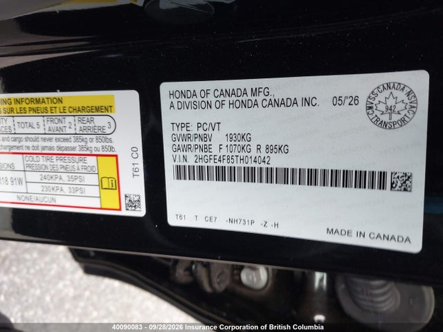 Продажа на аукционе авто 2026 Honda Civic, vin: 2HGFE4F85TH014042, номер лота: 40090083