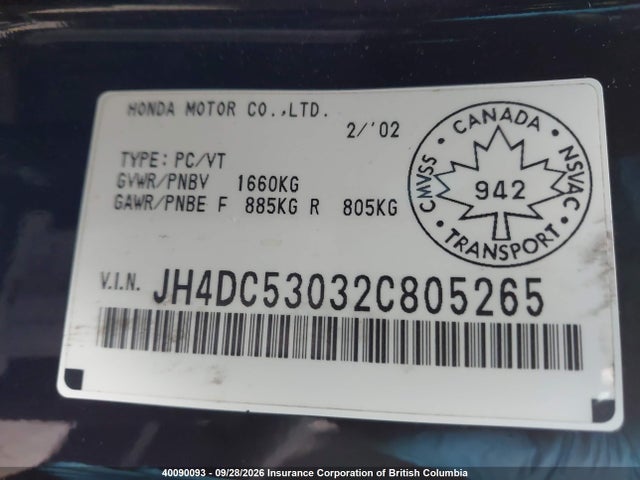 Aukcja sprzedaży 2002 Acura Rsx, vin: JH4DC53032C805265, numer aukcji: 40090093