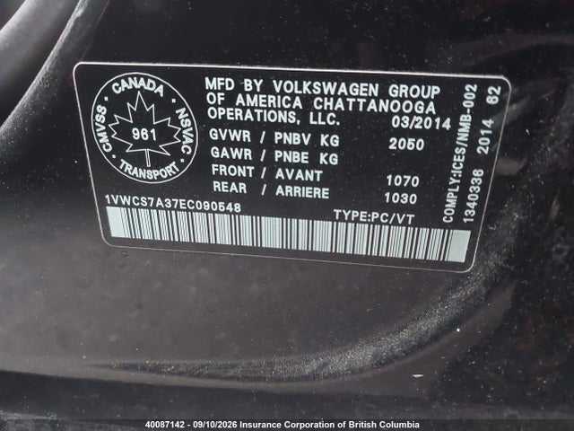Volkswagen PASSAT SEL 2014 1VWCS7A37EC090548 Image 9