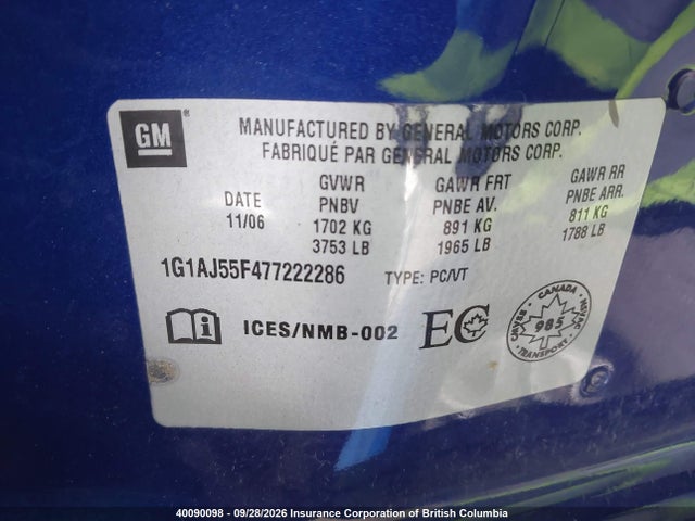 Aukcja sprzedaży 2007 Chevrolet Cobalt Ls, vin: 1G1AJ55F477222286, numer aukcji: 40090098