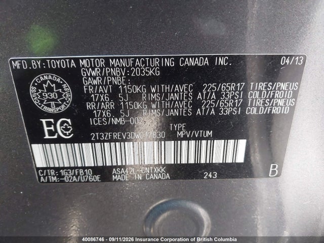 40086746 :رقم المزاد ، 2T3ZFREV3DW017830 vin ، 2013 Toyota Rav4 Le مزاد بيع